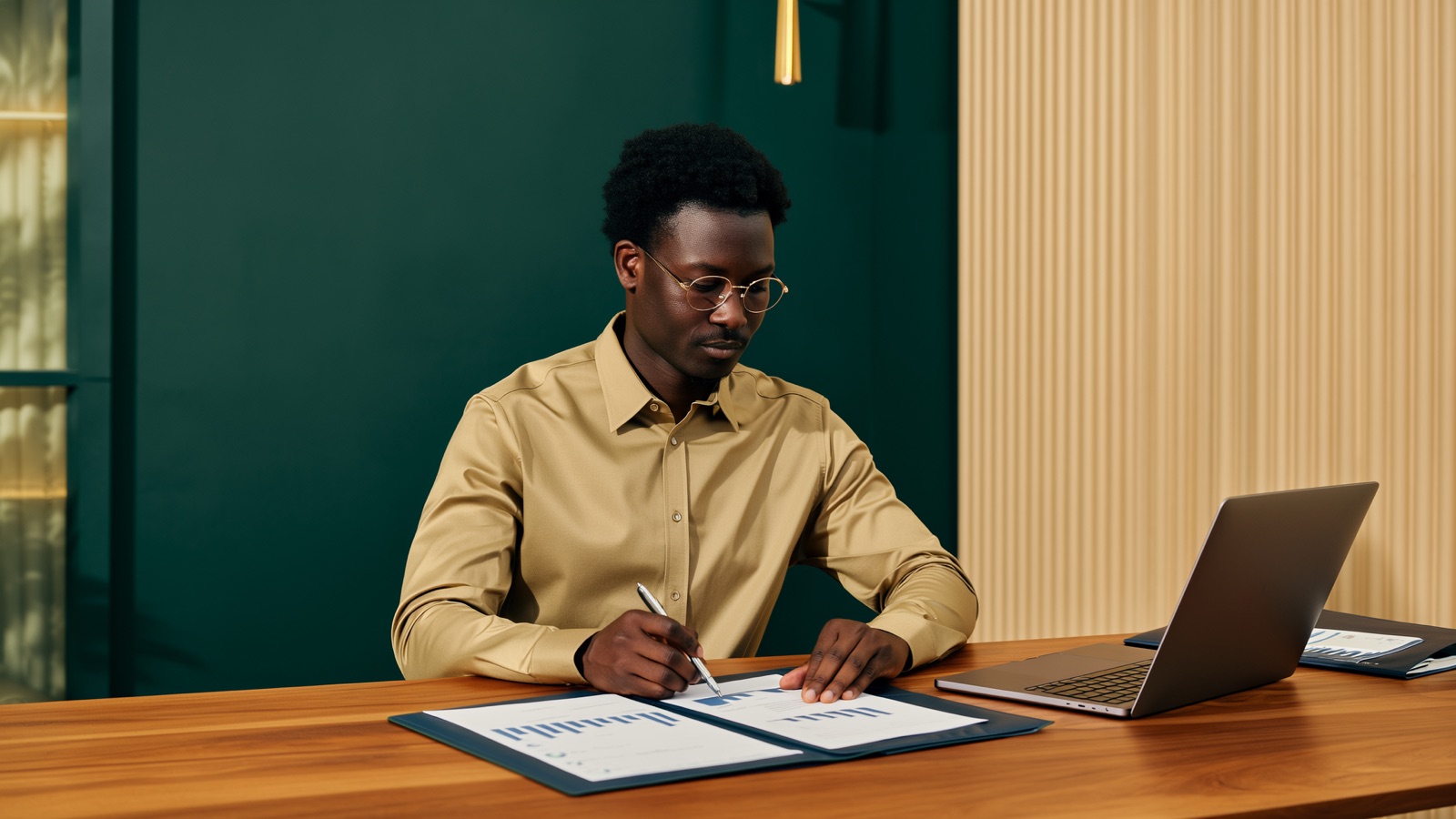 Business owner organizing funding-readiness documents beside a laptop