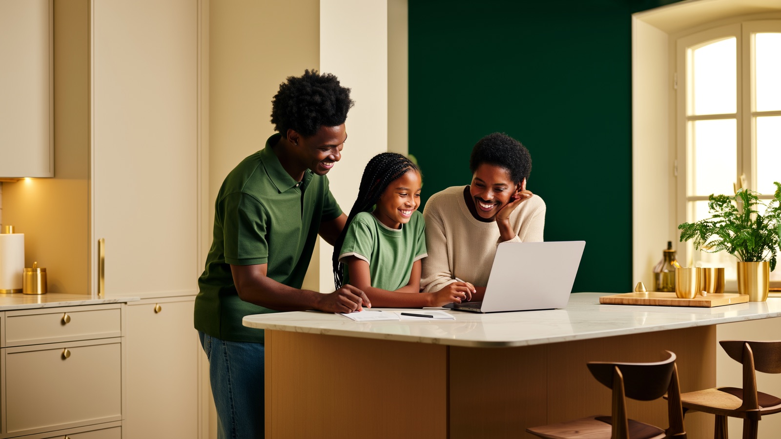 Family reviewing credit progress and next steps together at home