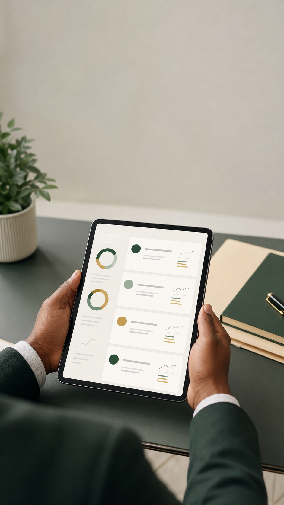 A customer reviewing a secure Credit Orchard workspace on a tablet